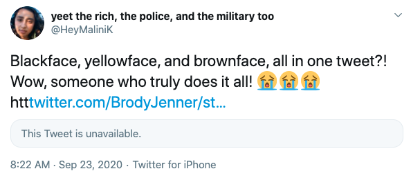 Tweet reads: “Blackface, yellowface, and brownface, all in one tweet?! Wow, someone who truly does it all."