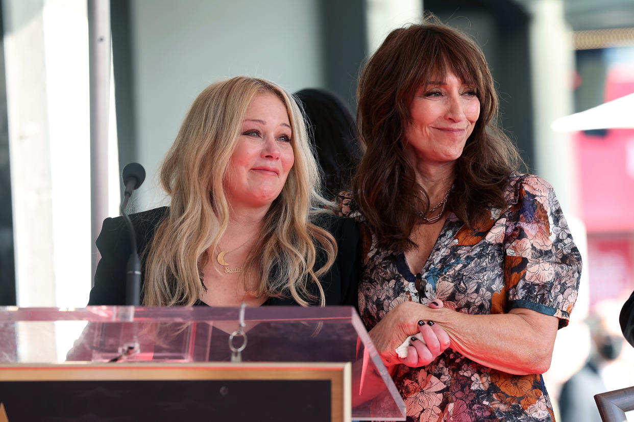 Christina Applegate and Katey Sagal speak onstage during the Hollywood Walk of Fame Ceremony honoring Christina Applegate at Hollywood Walk Of Fame. (Phillip Faraone / Getty Images)