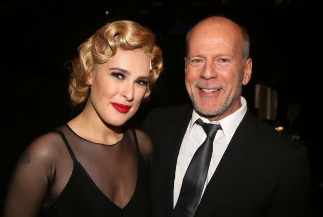 Rumer Willis, left, and father Bruce Willis pose backstage as she makes her Broadway debut in 