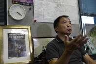 Pro-democracy lawmaker Wu Chi-wai gestures during an interview at his office in Legislative Council in Hong Kong on Nov. 19, 2020. After nearly three decades in politics, the 58-year-old Wu, chairman of Hong Kong’s largest pro-democracy party, is stepping down Monday, Nov. 30, 2020. All 15 lawmakers in the pro-democracy camp have decided to resign to protest a Beijing resolution in early November that led to the disqualifications of four of their colleagues. (AP Photo/Vincent Yu)