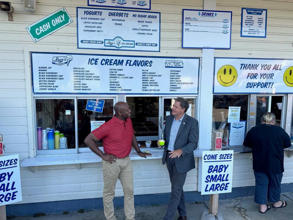 South Carolina Republican U.S. Senator Scott Brown, a 2024 GOP presidential candidate, made a stop at Lago's Ice Cream in Rye with Gov. Chris Sununu on Thursday, Sept. 7, 2023 ahead of a campaign event in town.