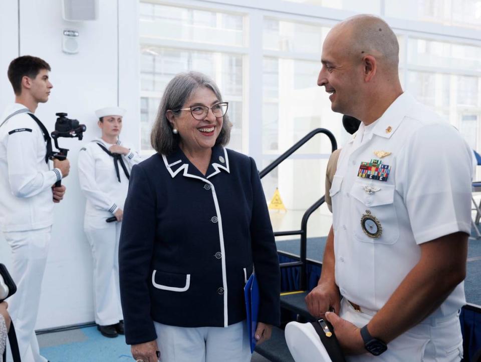 Miami-Dade County Mayor Daniella Levine Cava talks to Chief Derik Bowen, Navy Talent Acquisition Group in Miami, before the opening day of Fleet Week on Monday, May 6, 2024, at Norwegian Cruise Lines Terminal in PortMiami. Alie Skowronski/askowronski@miamiherald.com