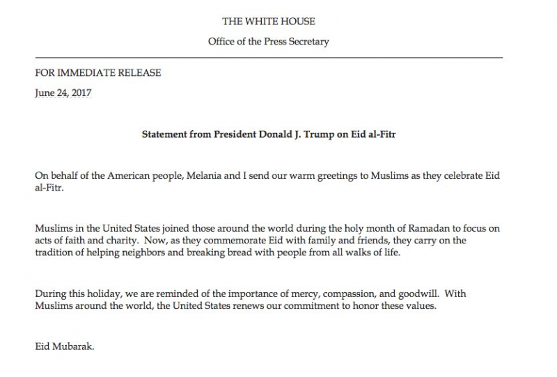 美國總統川普24日發表聲明，祝賀穆斯林迎接開齋節（AP）