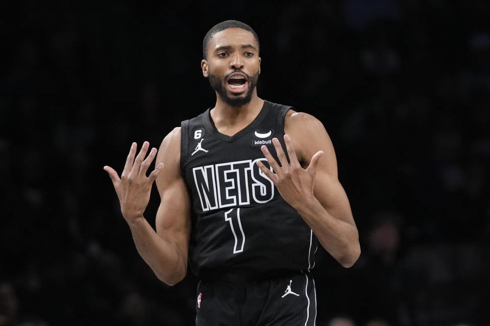 Brooklyn Nets forward Mikal Bridges reacts after scoring against against the Atlanta Hawks during the second half of an NBA basketball game Friday, March 31, 2023, in New York. The Nets won 124-107. (AP Photo/Mary Altaffer)