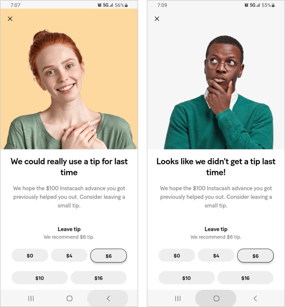 Two screenshots from the cash app MoneyLion asking for a $6 tip