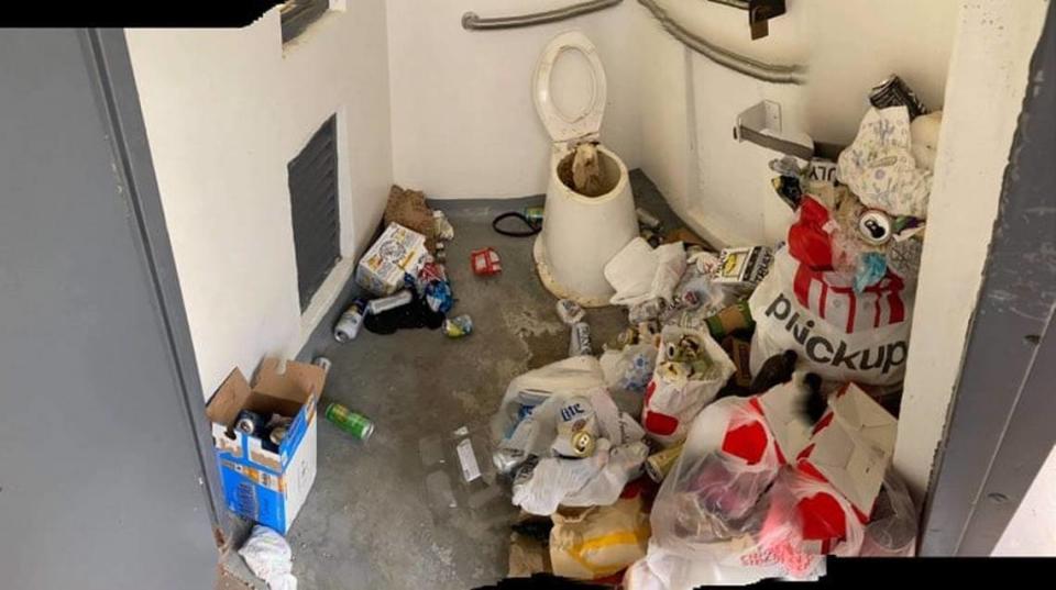 The Boise National Forest posted this photo of trash overflowing from a bathroom at Kirkham Hot Springs on Facebook on May 4, 2021.