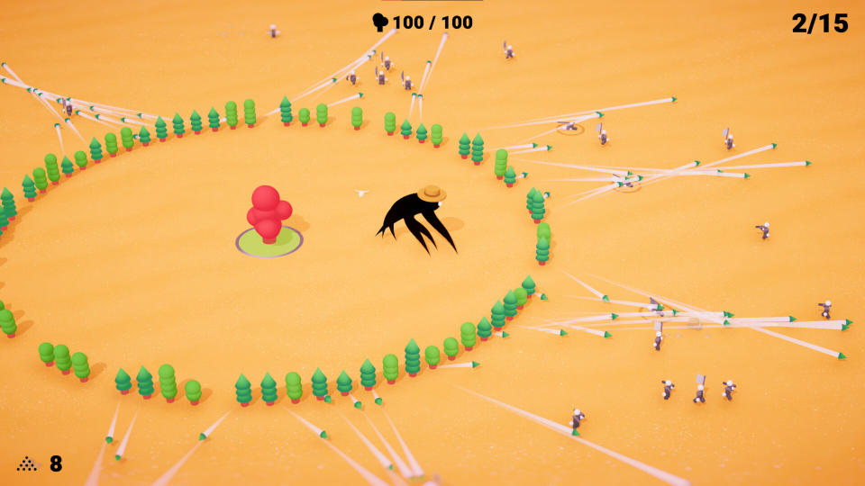  Tower defense game From Ashes Bloom, a blobby black spirit monster stands inside a ring of trees. 