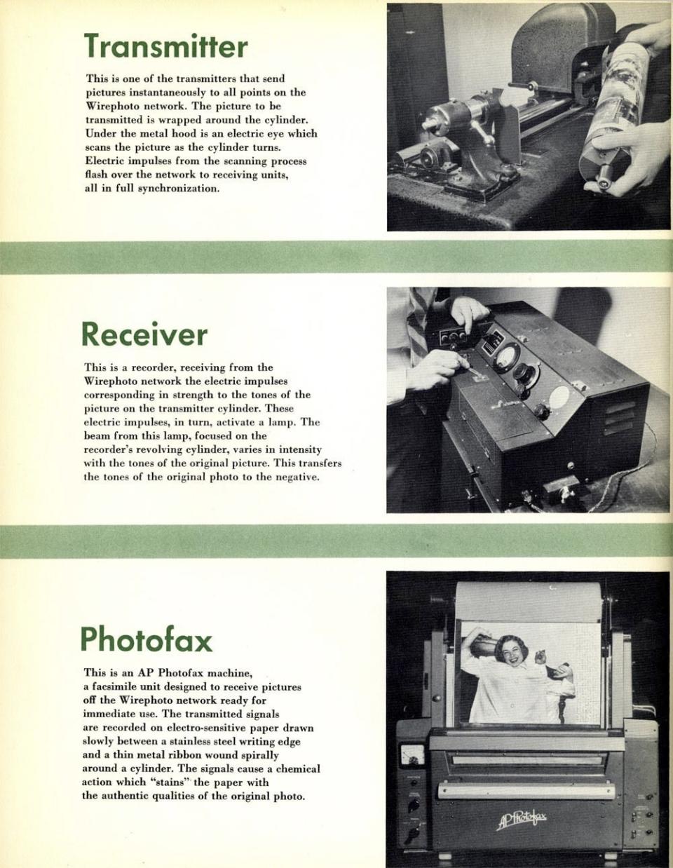 An Associated Press promotional booklet celebrating the 20th anniversary of its Wirephoto service, which was inaugurated Jan. 1, 1935. Page 54 of the booklet shows Wirephoto equipment. The AP will muster a small army to cover King Charles III's coronation this weekend. For his mother's crowning 70 years ago, the wire service also enlisted the help of an air force. In 1953, it took eight minutes to transmit a single black-and-white photograph, provided the weather conditions and phone lines cooperated. So among the methods AP employed to deliver photos from London to its American newspaper clients was an arrangement to put them on Royal Air Force bombers. (AP Photo/Corporate Archives)