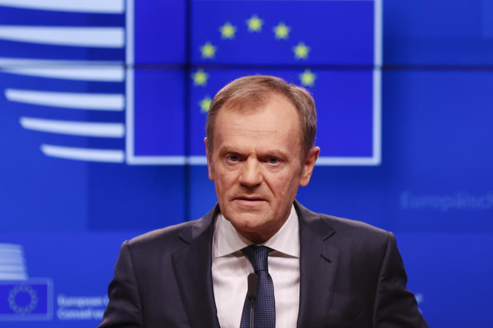 European Council President Donald Tusk speaks during a media conference on Brexit at the Europa building in Brussels, Wednesday, March 20, 2019. EU chief Donald Tusk conditions Brexit extension on UK Parliament backing government's Brexit deal and insists the legal agreement negotiated by EU and U.K. government won't be reopened. (AP Photo/Frank Augstein)