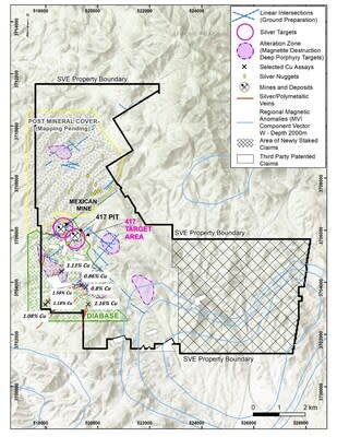 Figure 2 – Phoenix Silver Property Map showing new area staked, silver and porphyry targets (interpreted from a detailed drone-borne survey commissioned by the Company. Purple shaded zones are magnetic anomalies at 600 m depth, see October 23, 2023 news release),as well as regional magnetic anomalies (magnetic vector inversion (“MVI”) component W, contours start at .0002, then .0004, .0008, .0016 .0032 .0064 .0128 in SI units) derived from public data.