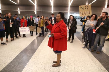 U.S. Representative Sheila Jackson Lee speaks to protesters at George Bush Intercontinental Airport in Houston, Texas, U.S., January 28, 2017. REUTERS/Trish Badger