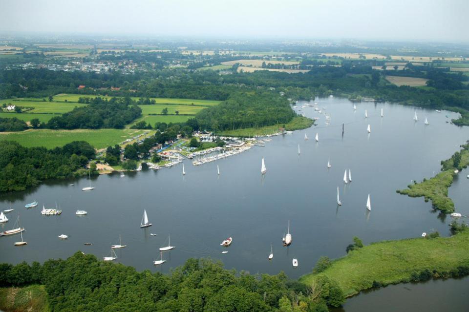 Eastern Daily Press: An aerial photograph of boats sailing on Wroxham Broad