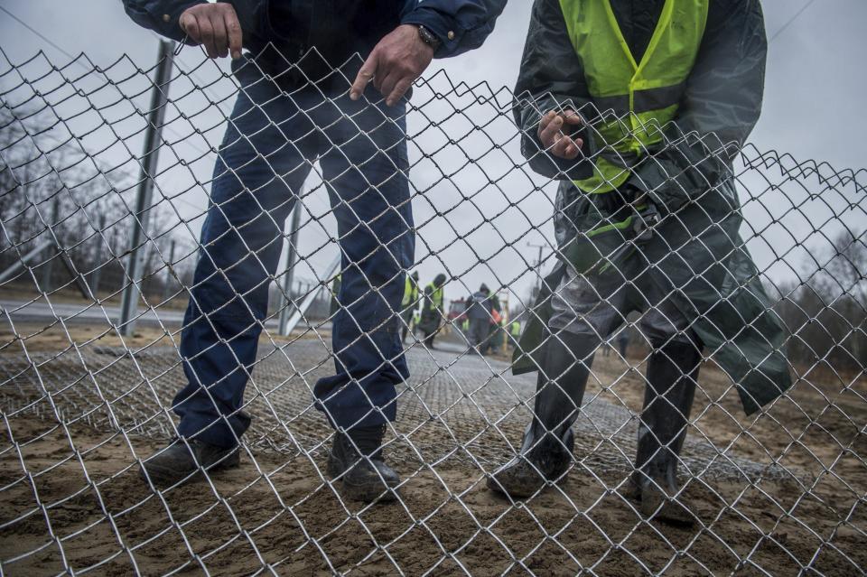 Convicts build the fence of the second defence line behind the first protective fence on the border between Hungary and Serbia near Kelebia, 178 kms southeast of Budapest, Hungary, Wednesday, March 1, 2017. The Hungarian government decided to construct a second fence along the border with Serbia to prevent migrants' illegal entry into Hungary last Thursday, Febr. 23. (Sandor Ujvari/MTI via AP)