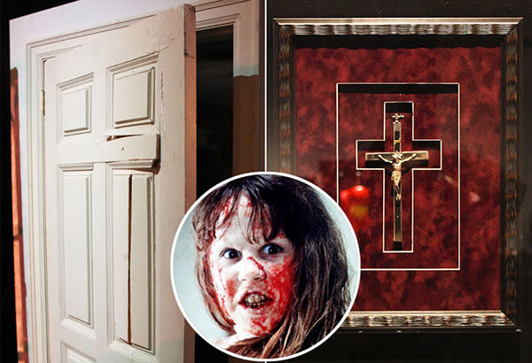 Both the original cracked bedroom door and the crucifix are on display from the 1973 classic. Fortunately for everyone, there’s no sign of pea soup.