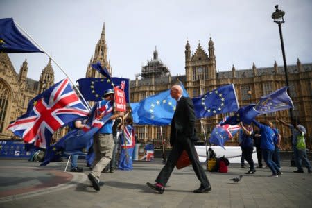 FILE PHOTO: Anti-Brexit demonstrators wave flags outside the Houses of Parliament, in London, Britain, September 10, 2018. REUTERS/Hannah McKay