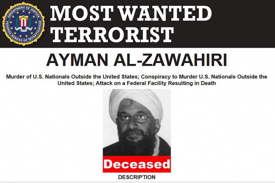 An updated poster of FBI’s most-wanted al-Qaeda chief Ayman al-Zawahiri on 1 August, 2022 after he was killed in a US counterterrorism operation (FBI/AFP via Getty)