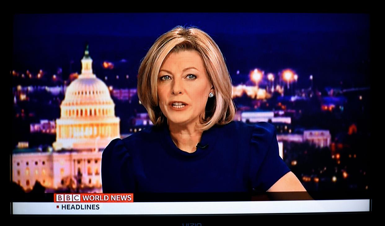 A television screenshot of BBC World News America anchor and program host Laura Trevelyan.