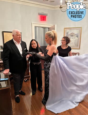 <p>Courtesy of Corneila Guest</p> Cornelia Guest, with Dennis Basso, gets ready to walk in Basso's fashion show during New York Fashion Week