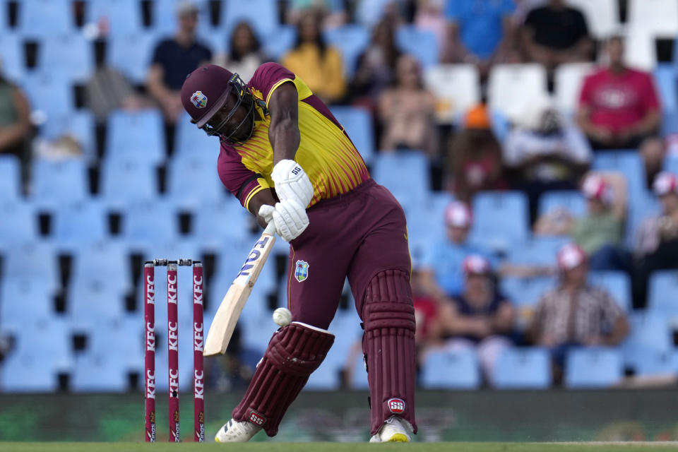 West Indies's batsman Odean Smith plays a shot during the second T20 cricket match between South Africa and West Indies, at Centurion Park, in Pretoria, South Africa, Sunday, March 26, 2023. (AP Photo/Themba Hadebe)