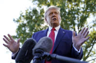 President Donald Trump speaks to reporters on the South Lawn of the White House, Monday, Sept. 21, 2020, before leaving for a short trip to Andrews Air Force Base, Md., and then onto Ohio for rallies. (AP Photo/Andrew Harnik)