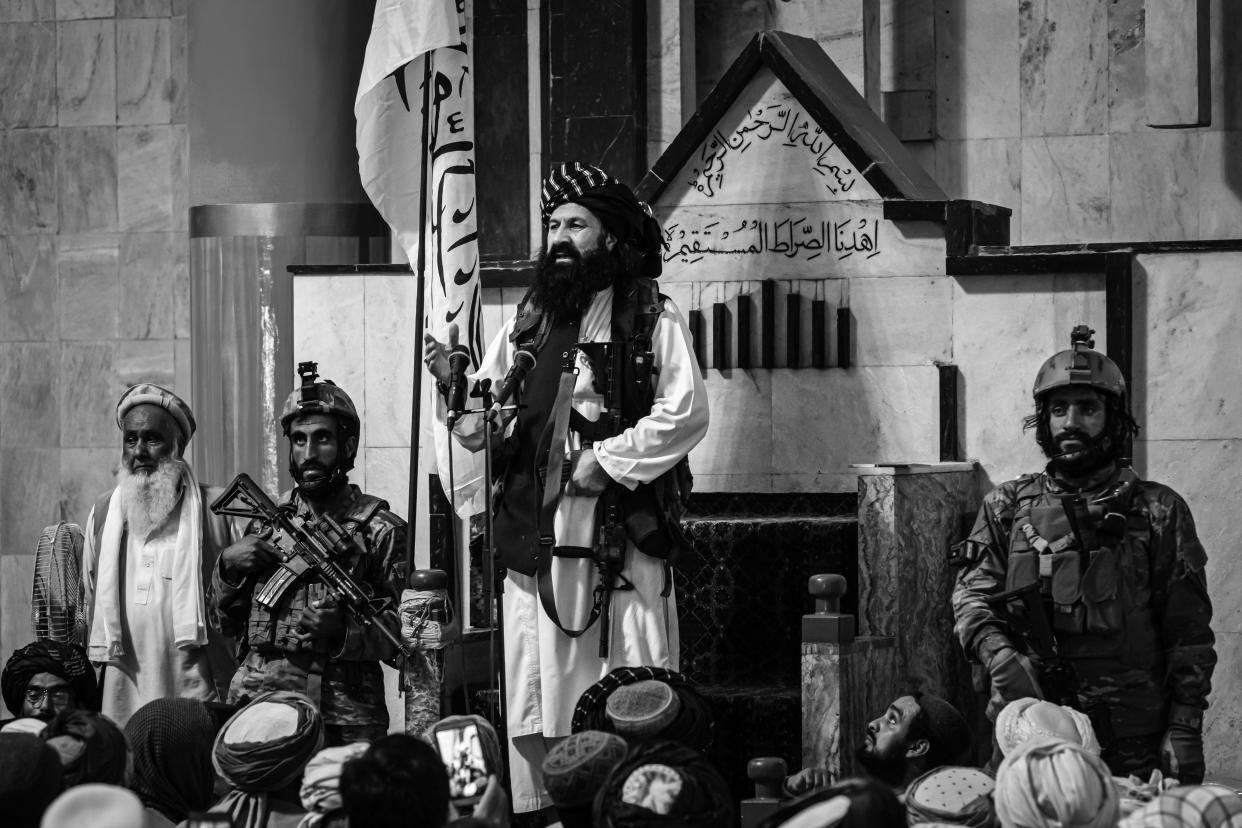 Khalil al-Rahman Haqqani, a leader of the Taliban-affiliated Haqqani network, addresses a large congregation at the Pul-i-Khishti Mosque in Kabul, last Friday, Aug. 20, 2021. 