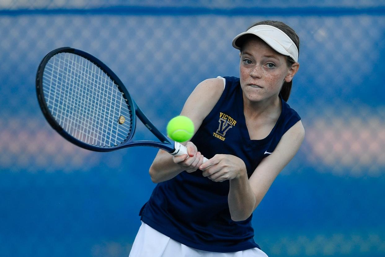 Victor’s Emily Miller plays during a regular season match against Brighton, Thursday, Sept. 21, 2023.