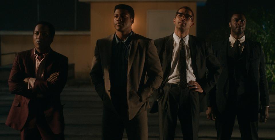 Leslie Odom Jr. (from  left) stars as Sam Cooke, Eli Goree plays Cassius Clay, Kingsley Ben-Adir is Malcolm X and Aldis Hodge is Jim Brown in Regina King's feature directorial debut "One Night in Miami."