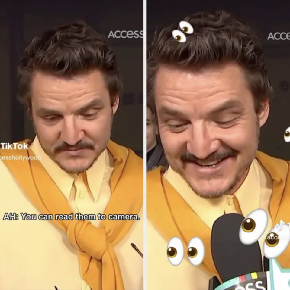 Pedro Pascal looking down at something during the interview