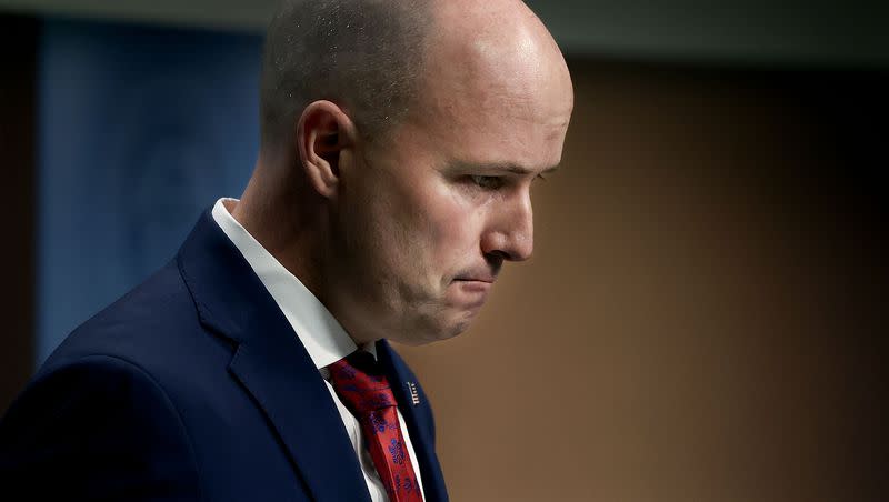 Gov. Spencer Cox listens to a reporter’s question during the PBS monthly news conference at the Eccles Broadcast Center in Salt Lake City on Thursday, Feb. 15, 2024.