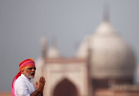 Indian Prime Minister Narendra Modi gestures as he addresses the nation from the historic Red Fort during Independence Day celebrations in Delhi, India, August 15, 2016. REUTERS/Adnan Abidi