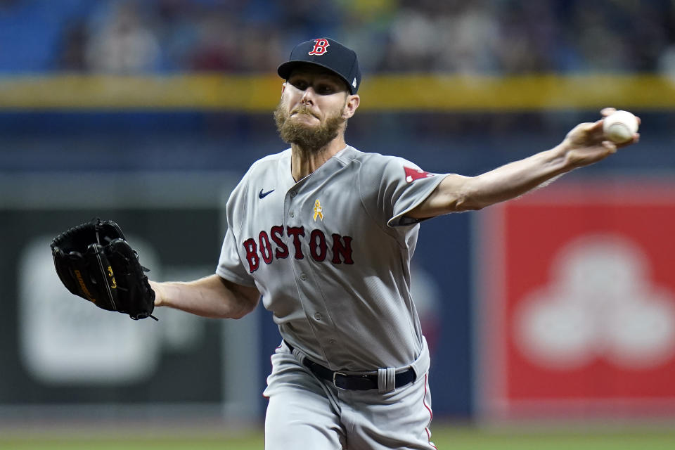 Boston Red Sox's Chris Sale pitches to the Tampa Bay Rays during the first inning of a baseball game Wednesday, Sept. 1, 2021, in St. Petersburg, Fla. (AP Photo/Chris O'Meara)