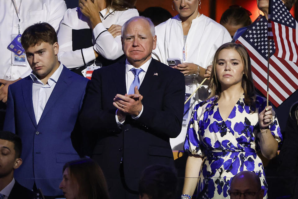 CHICAGO, ILLINOIS - AUGUST 22: (L-R) Gus Walz, Democratic vice presidential candidate Minnesota Gov. Tim Walz and Hope Walz  attend the final day of the Democratic National Convention at the United Center on August 22, 2024 in Chicago, Illinois. Delegates, politicians, and Democratic Party supporters are gathering in Chicago, as current Vice President Kamala Harris is named her party's presidential nominee. The DNC takes place from August 19-22. (Photo by Kevin Dietsch/Getty Images)