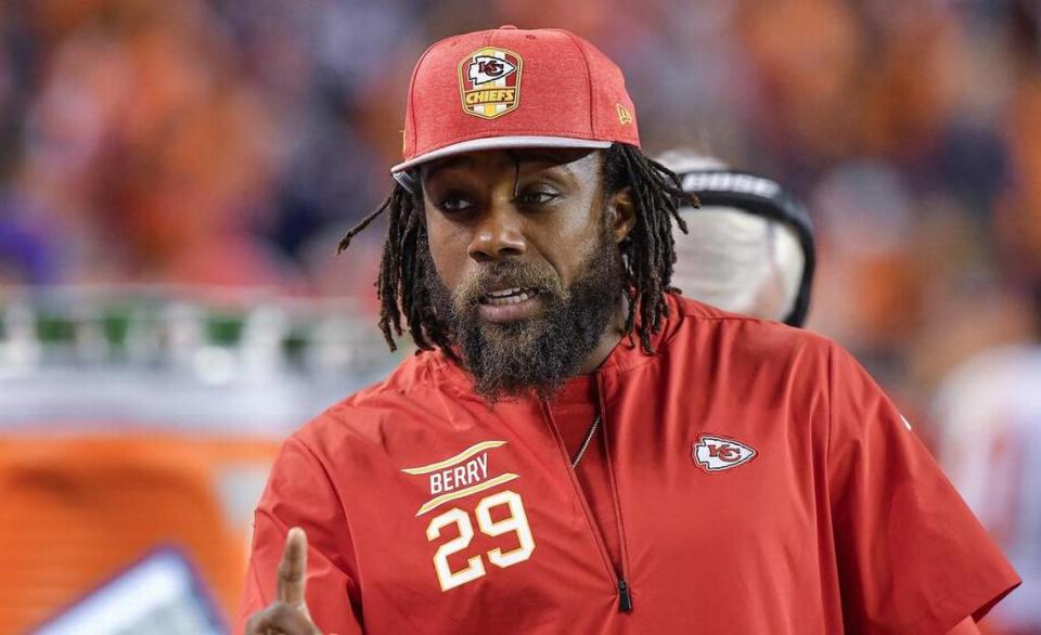 Kansas City Chiefs defensive back Eric Berry talks with players on the sideline in the second half of a game against the Denver Broncos on Oct. 1, 2018 at Mile High Stadium in Denver, Colorado.