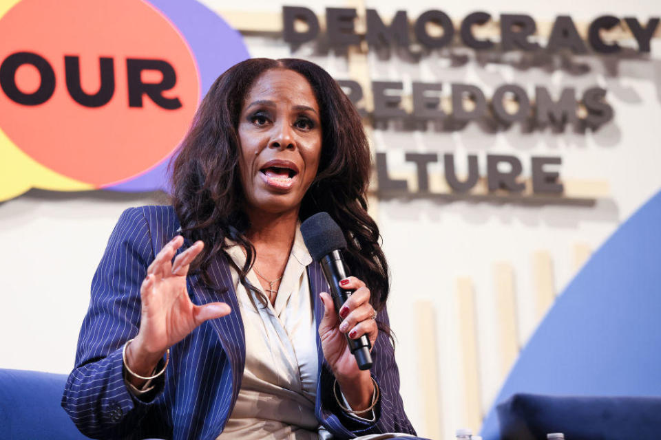 Del. Stacey Plaskett speaks on a panel at the Congressional Black Caucus' annual legislative conference on Sept. 21, 2023, in Washington, D.C. / Credit: Jemal Countess/Getty Images