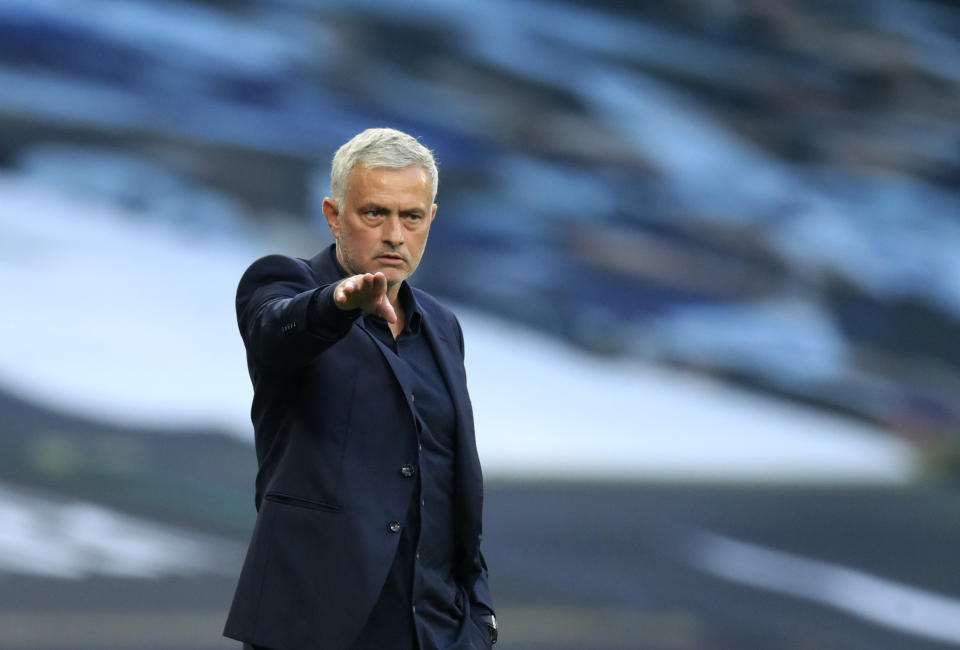 Tottenham's manager Jose Mourinho gives instructions to his players during the English Premier League soccer match between Tottenham Hotspur and Everton at the Tottenham Hotspur Stadium in London, Sunday, Sept. 13, 2020. (Adam Davy/Pool via AP)