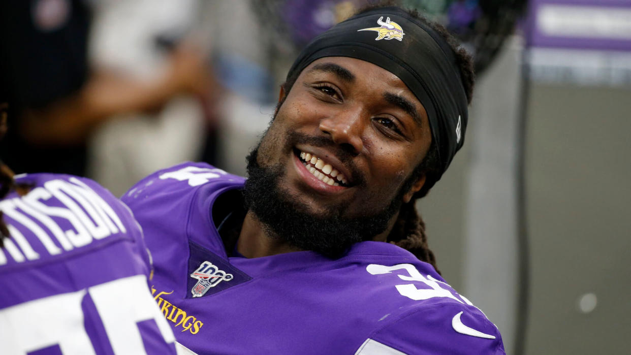 Mandatory Credit: Photo by Bruce Kluckhohn/AP/Shutterstock (10494805cx)Minnesota Vikings running back Dalvin Cook sits on the bench during the first half of an NFL football game against the Detroit Lions, in MinneapolisLions Vikings Football, Minneapolis, USA - 08 Dec 2019.