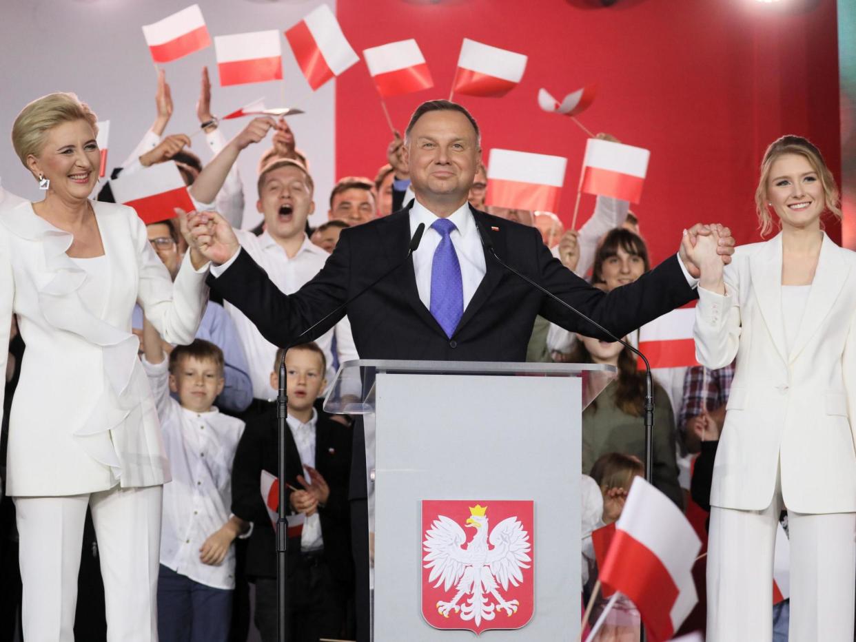 Andrzej Duda giving a statement after first exit polls in Polish Presidential elections. Pultusk, Poland, 12 July 2020: EPA-EFE