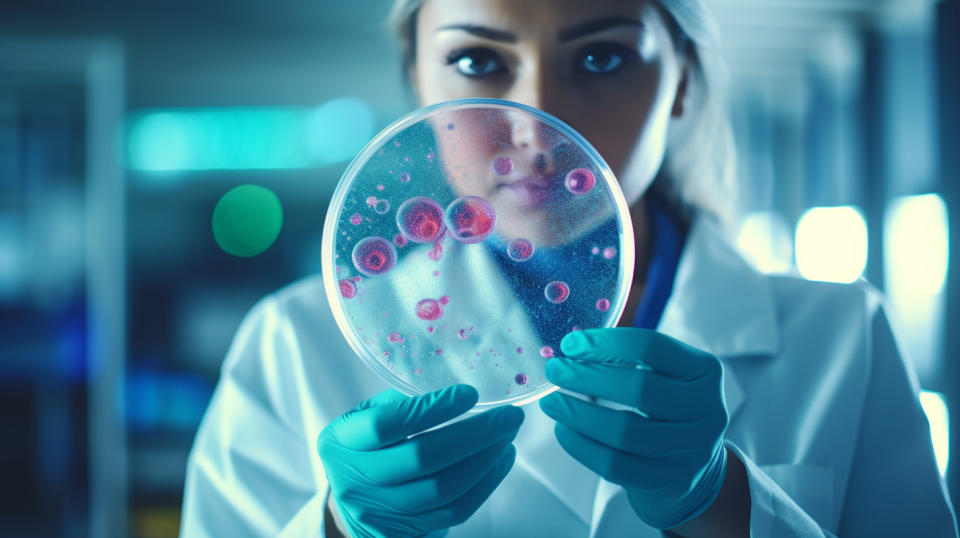 A medical researcher inspecting a petri-dish filled with bacteria in a laboratory setting.