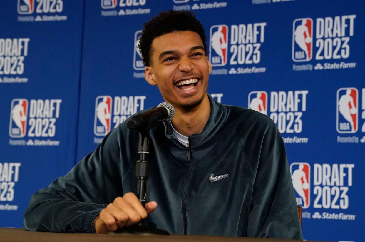 Victor Wembanyama speaks to media ahead of the 2023 NBA Draft on June 21, 2023. (Timothy A. Clary/AFP via Getty Images)