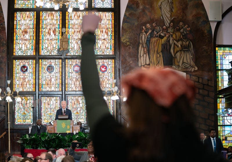 CHARLESTON, SOUTH CAROLINA - JANUARY 8: A protestor interrupts U.S. President Joe Biden during a campaign event at Emanuel AME Church on January 8, 2024 in Charleston, South Carolina. The church was the site of a 2015 shooting massacre perpetrated by a white supremacist.