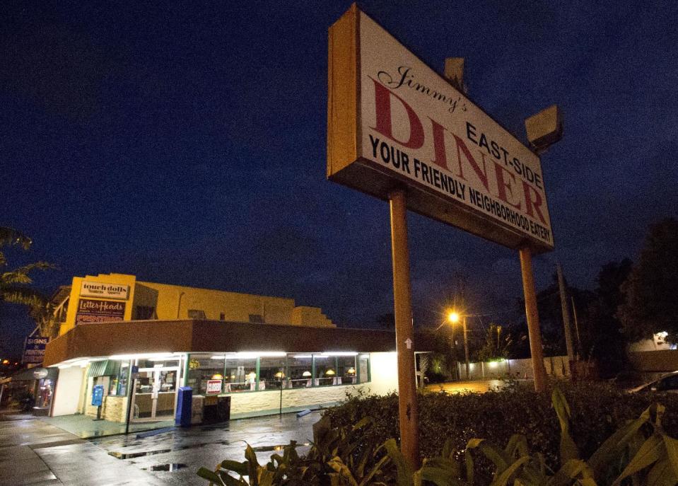 In this Jan. 11, 2017 photo, Jimmy's Eastside Diner is shown in Miami. Fans of movies nominated for Oscars this year will be pleased to know that they can visit many real places in homage to their favorite films, from a diner in Miami where part of "Moonlight" was shot to a pier in Los Angeles used in "La La Land" and a house in Pittsburgh used in "Fences." (AP Photo/Wilfredo Lee)