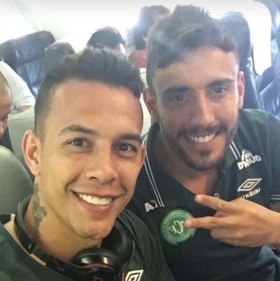 Defender Alan Ruschel (right) and goalkeeper Marcos Danilo Padilha, pose for a selfie during their journey from Brazil. Source: Alan Ruschel.