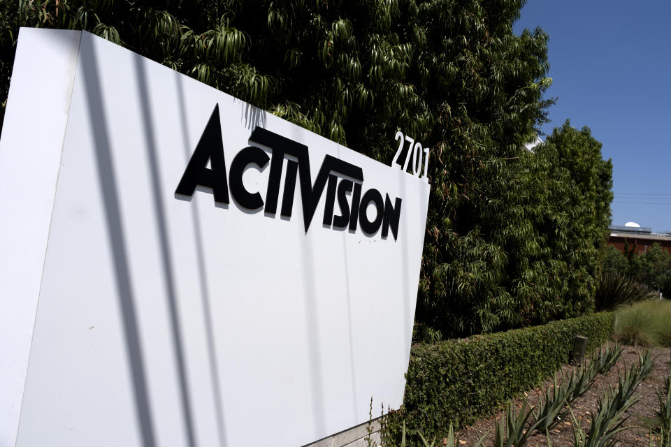 A sign is seen outside the Activision building in Santa Monica, Calif. on Wednesday, June 21, 2023. A federal judge has temporarily blocked Microsoft's planned $69 billion purchase of video game company Activision Blizzard. (AP Photo/Richard Vogel)