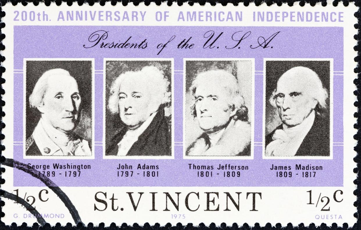 <span class="caption">A 1975 stamp printed in St. Vincent shows U.S. presidents George Washington, John Adams, Thomas Jefferson and James Madison, who were all vocally pro-inoculation and vaccination. </span> <span class="attribution"><span class="source">(Shutterstock)</span></span>