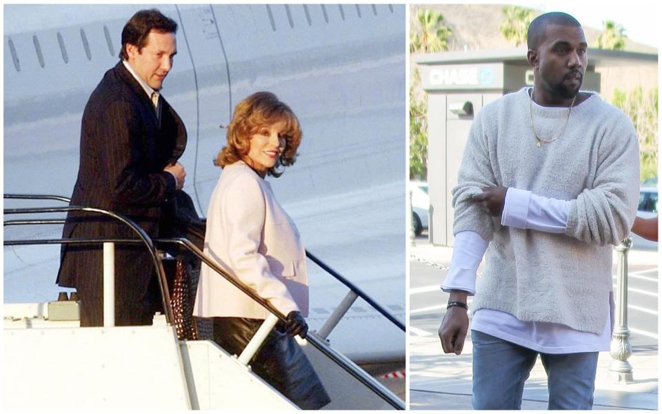 Countess of Glamor Joan Collins (left) and Kayne West in his 'airport sweater' (right)