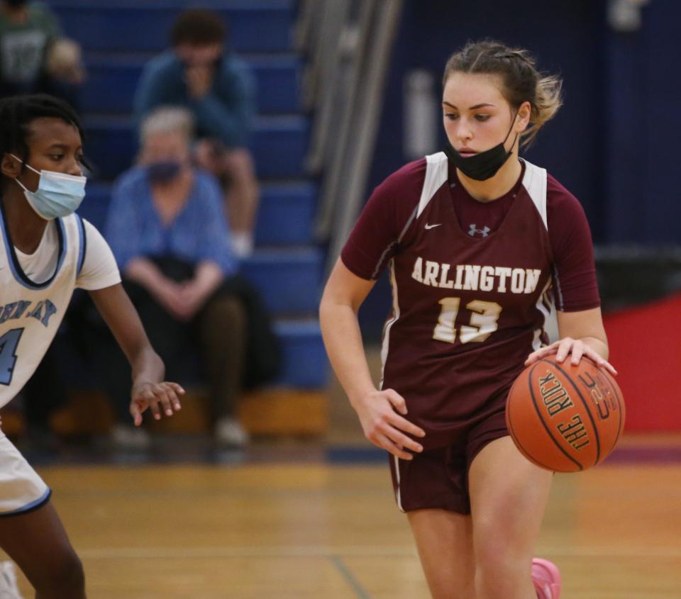 Arlington's Bella Kostyal dribbles up court while guarded by John Jay's Stephanie Jean-Baptiste during a Jan. 19, 2022 girls basketball game.