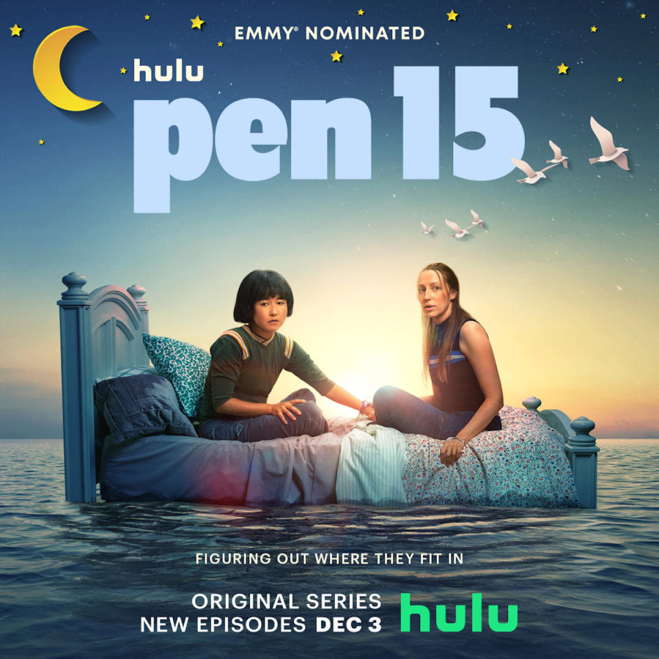 Maya and Anna sit on a bed floating in the ocean in a poster for Pen15 on Hulu