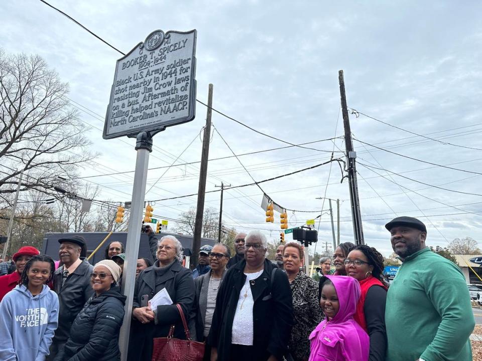 More than 20 members of Booker T. Spicely’s family were on hand when the state historical marker was unveiled Dec. 1, 2023, in Durham’s Walltown neighborhood.