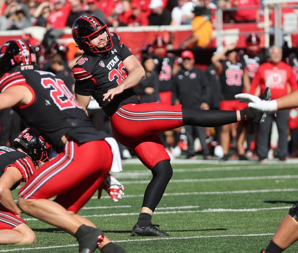 Utah Utes place-kicker Cole Becker (36) kicks an extra point in Salt Lake City on Saturday, Oct. 14, 2023. Utah won 34-14. | Jeffrey D. Allred, Deseret News