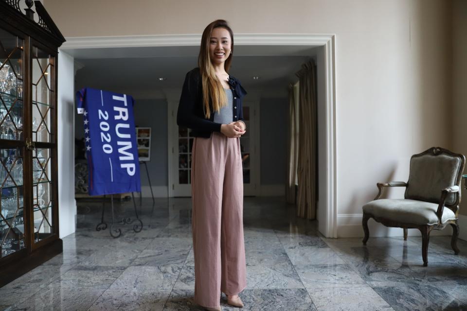 Kathy Zhu, the former Miss World America Michigan, speaks during a Women for Trump luncheon organized by the Michigan Conservative Coalition at the Heathers Club in Bloomfield Hills, Mich. on Friday, July 26, 2019.